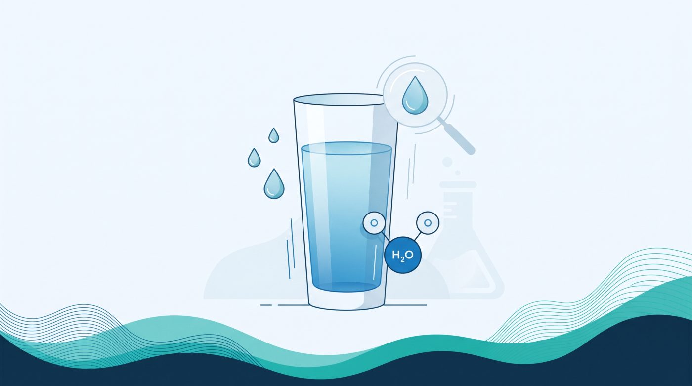 Illustration of a clear glass of water with water droplets, an H2O molecule and a magnifying glass, representing evidence-based water science